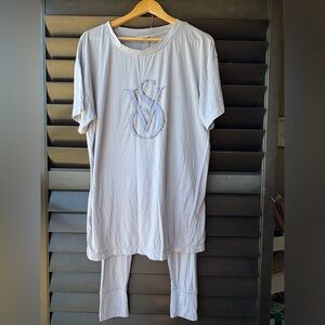 Victorias Secret Pajama Set Blue Lilac VS Logo Short Sleeve Shirt Pants Silver M